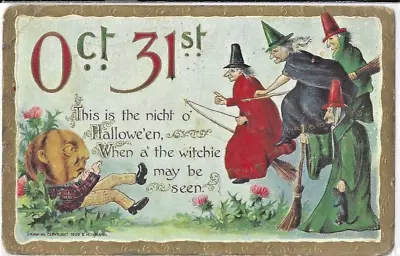 1909 Halloween Postcard Jack O’lantern Man Flying Witches B Hoffman Series 2097 • $34.95