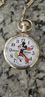 Vintage 1970s Disney Mickey Mouse Gold Color Pocket Watch Bradley Train On Back • $125