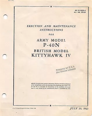 1943 P-40N Maintenance Manual Flight Manual Pilot's Handbook -CD Version- • $44.99