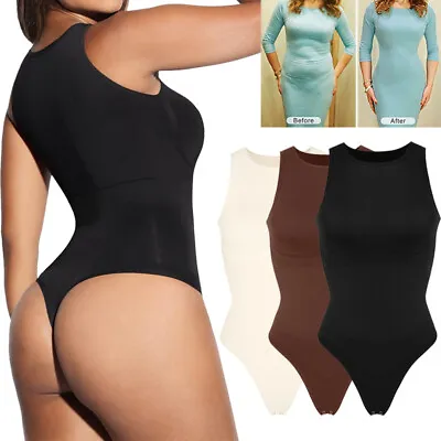 Women Tummy Control Bodysuits Halter Neck Sleeveless Tank Tops Thong Body Shaper • £8.79