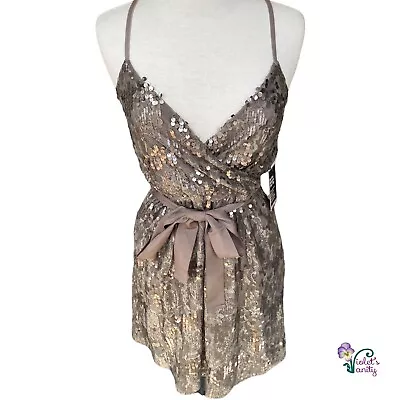 Express Silver Sequin Dress NWT Women’s Sz S Empire Waist Champagne Lace Glitter • $38.24