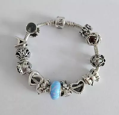 Pandora Bracelet With Charms Blue Opalescent/Angel Of Love/Clip/Daisy Rabbit/Bow • £80