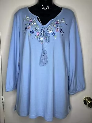 Women’s Shirts Size XL Quacker Factory Blue 3/4 Sleeve Floral Design Top Blouse • $7.99