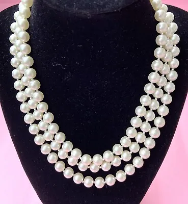 Vintage Pearl Necklace Hi-Quality 3-Strand Choker Faux Pearls Jeweled Clasp EUC • $25