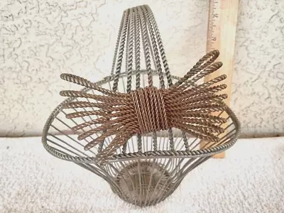 Antique/Vintage Hand Made Metal Twisted Wire Basket With Bow • $22.99