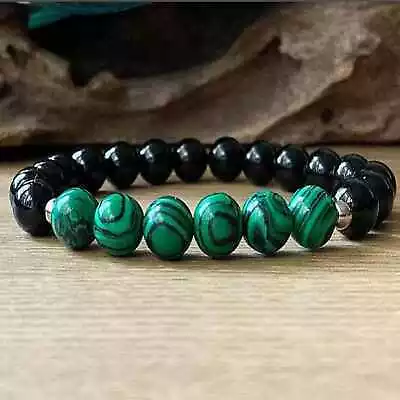 8mm  Knot Black Tourmaline Malachite Beads Bracelet Gift Blessing • $1.71