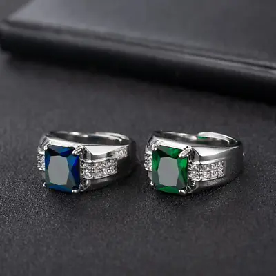Mens Large Silver Shiny Diamond Green Blue Gemstone Bling Icy Ring Adjustable  • £6.99