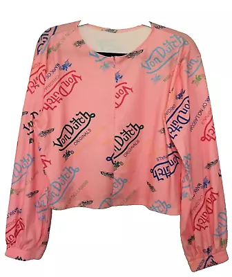 Von Dutch Women’s Knit Crop Top Size Large Spellout Pink 1/4 Zip  Long Slv A9 • $16.63