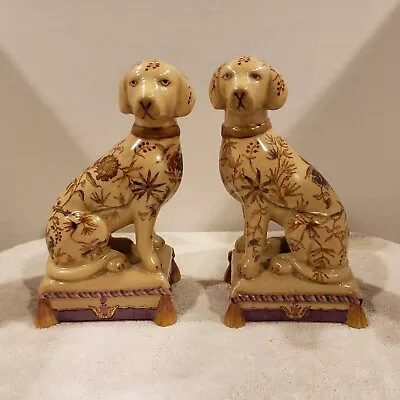 Vintage Staffordshire Style Dog Bookends Floral On Cushion Wong Lee 8” • $129.87