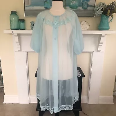 Vtg Shadowline Sheer Peignoir Robe L/XL Blue Chiffon Lace 1960s Boudoir Lingerie • $30