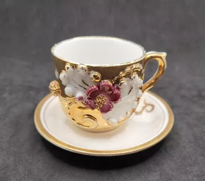 J&G Meakin Hanley England Gold Floral Majolica Demitasse Tea Cup Saucer 2  Atq  • $16.80