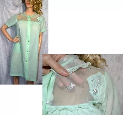 VTG Sears Seafoam Linen Chiffon Robe Nightgown Peignoir New 40 L XL • $26