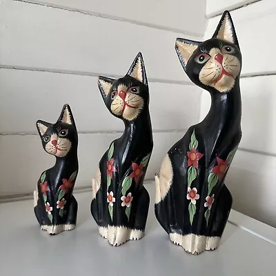 Vintage Cats Wooden Hand Painted Set Of 3  Black Cat Kitten Figurines Statues • $32