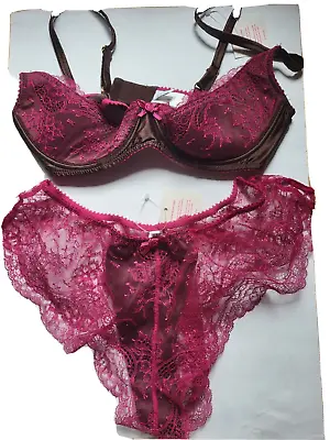 BNWT Sexy Elegant Myla Matching Bra & Nics - Brown With Pink Lace Bra 34C Nics S • £129.97