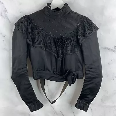 Vintage 1890s Black Rayon Silk Victorian Mourning High Collar Lace Boned Bodice • $124.88