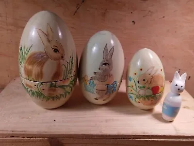 Vintage Wooden Nesting  Easter Eggs Hand Painted Bunny Rabbits 3 Eggs &  1 Bunny • $8.50