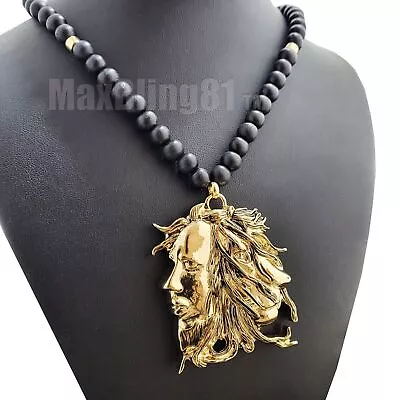 GOLD SILVER PLATED BOB MARLEY LION CHARM & 8mm 36  BLACK WOODEN BEAD NECKLACE • $24.99