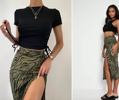 I SAW IT FIRST Khaki Green Black Animal Zebra Print Split Side Midi Skirt UK 12 • £8.99