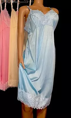 Sz 40 42” Vintage Blue Silky Nylon Full Slip Chantilly Lace • $49.99