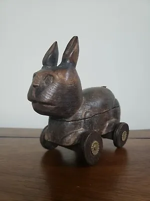 Hand Carved Wood Bunny Rabbit Hidden Trinket Box On Wheels • $53.99