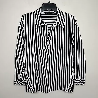 ZARA Top Womens XS Black Stripe Popover Blouse Decorative Pearl Buttons Relaxed • $19.99