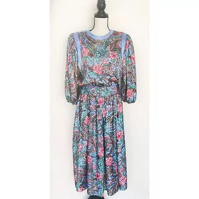 Diane Freis Vintage Blue Floral Dress With Belt Size Medium Large • $125
