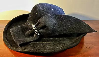 Mr John Vintage Women's Derby Hat In Black Wool W/Black Bow And Rhinestones. • $45