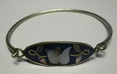 Vintage Alpaca Mexico Silver Tone Mother Of Pearl Flower Hinge Bangle Bracelet • $18