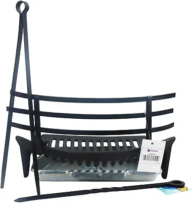 18'' Cast Iron Fire Grate Coal Saver Galvanise Ash Pan Poker Tong Indoor Outdoor • £9.99