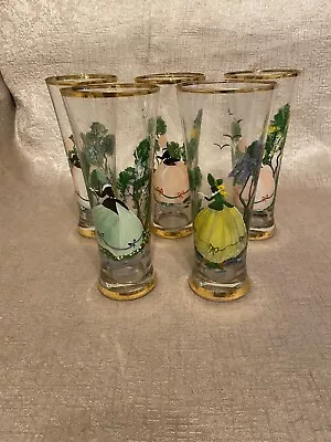 Very Rare Set Of 5 Hand Painted Crinoline Lady Pilsner Glasses Gold Rim & Base • £49.99