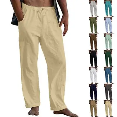£4.79 • Buy Cotton Linen Men Elastic Waist Pants Casual Summer Loose Wide Leg Pocket Trouser