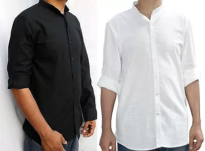 Mens Grandad Collar 100% Cotton Long Sleeved  White & Black Casual Holiday Shirt • £16.99