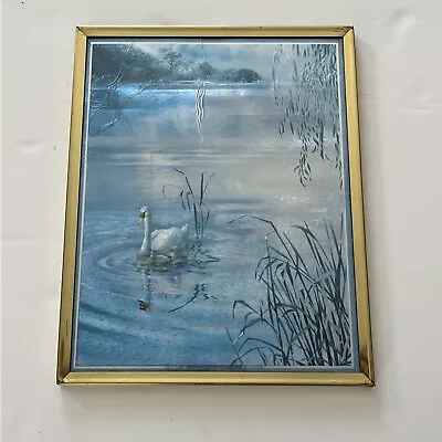 Vintage Foil Metallic Blue Swan With Babies Picture Framed  80’s Made In USA • $14.99