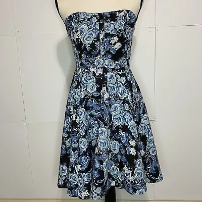 H&M Divided Size 8 Dress Strapless Skater Dress Blue Floral Lined • $20.45