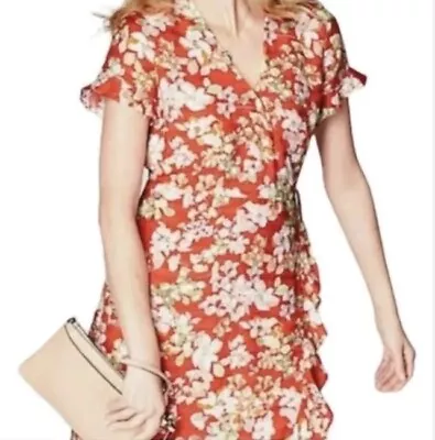 J Jill Women's Floral V Neck Flutter Sleeve Tie Wrap Knee Length Dress Large • $22