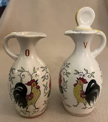 Vintage UCAGCO PY Early Provincial Roosters & Roses Oil & Vinegar Cruets • $16.99