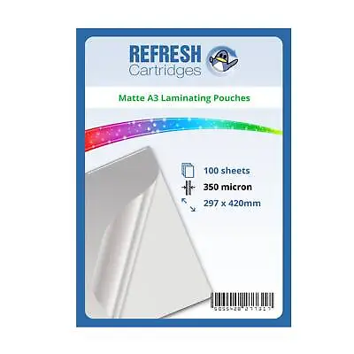 Refresh Cartridges MATTE Laminating Pouches A3 350 Micron Pack Of 100 Sheets • £49.77