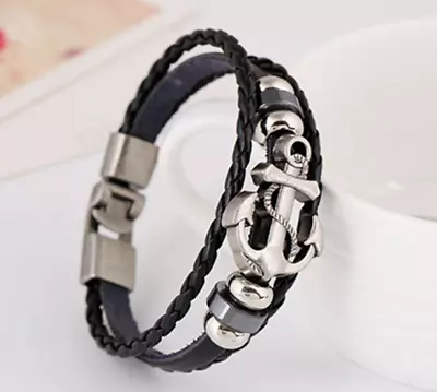 New Men’s Black & Silver Anchor And Beaded Charm Leather Bracelet  • $12