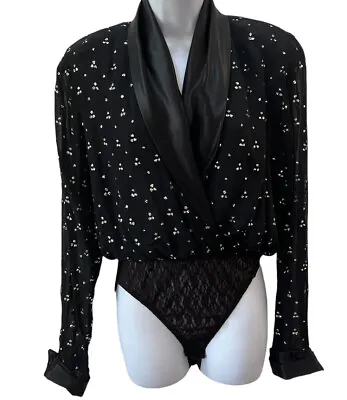 VINTAGE 80s BODYSUIT Cache Black Glitter COLLAR Shoulder Pads Embellished Disco • $42