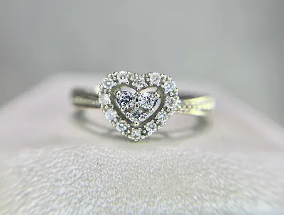 $299 • Buy 10k White Gold Designer Round Brilliant Pave Set Diamond Heart Shape Ring 1/4 Ct