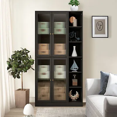 Storage Cabinet With 4 Glass Doors And Open Shelves Wood Curio Display Cabinet • $229.86