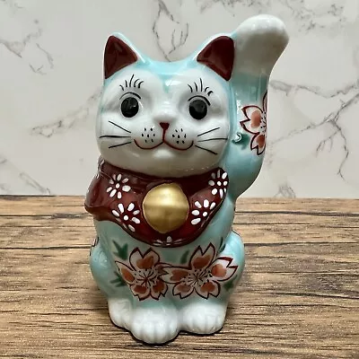 Maneki Neko Beckoning Lucky Cat Kutani Ware Porcelain Blue Cherry Blossoms • $83.12