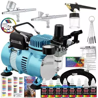Master 3 Airbrush Air Compressor & Hose Kit 6 Primary Colors Acrylic Paint Set • $149.99