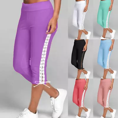 Women Lace Up Cropped Pants Joggers Trousers Yoga Sports Bottoms Leggings Size • £9.59