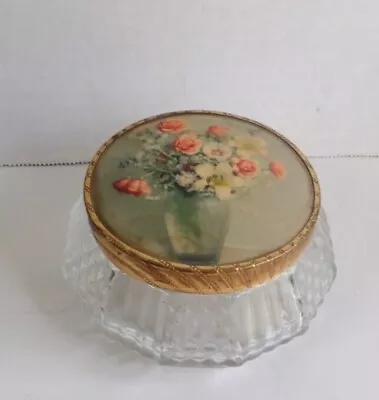 Vintage Powder Jar With Flowers On The Lid Beautiful Vanity Item • $12.50