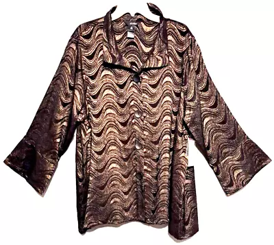Ali Miles Womens Jacket 3X Black Gold Wave Bell Sleeves Button Stand Up Collar • $37.99