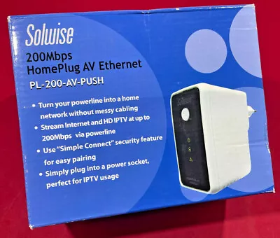 New! Solwise 200Mbps HomePlug AV Ethernet Adapter PL-200-AV-PUSH. Home Network • £39.99