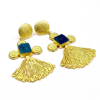 Laser Cut Japanese Fan Sugar Druzy Gemstone Gold Plated Earring 2.5 B680 • $17.07