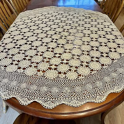 Hand Crocheted Vintage Round Tablecloth 60  Diameter Off White - Some Spots • $21