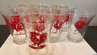 Adorable Vintage 1950’s Red Rooster 3” Juice Glasses Set Of 7 Libbey + 3 Designs • $22